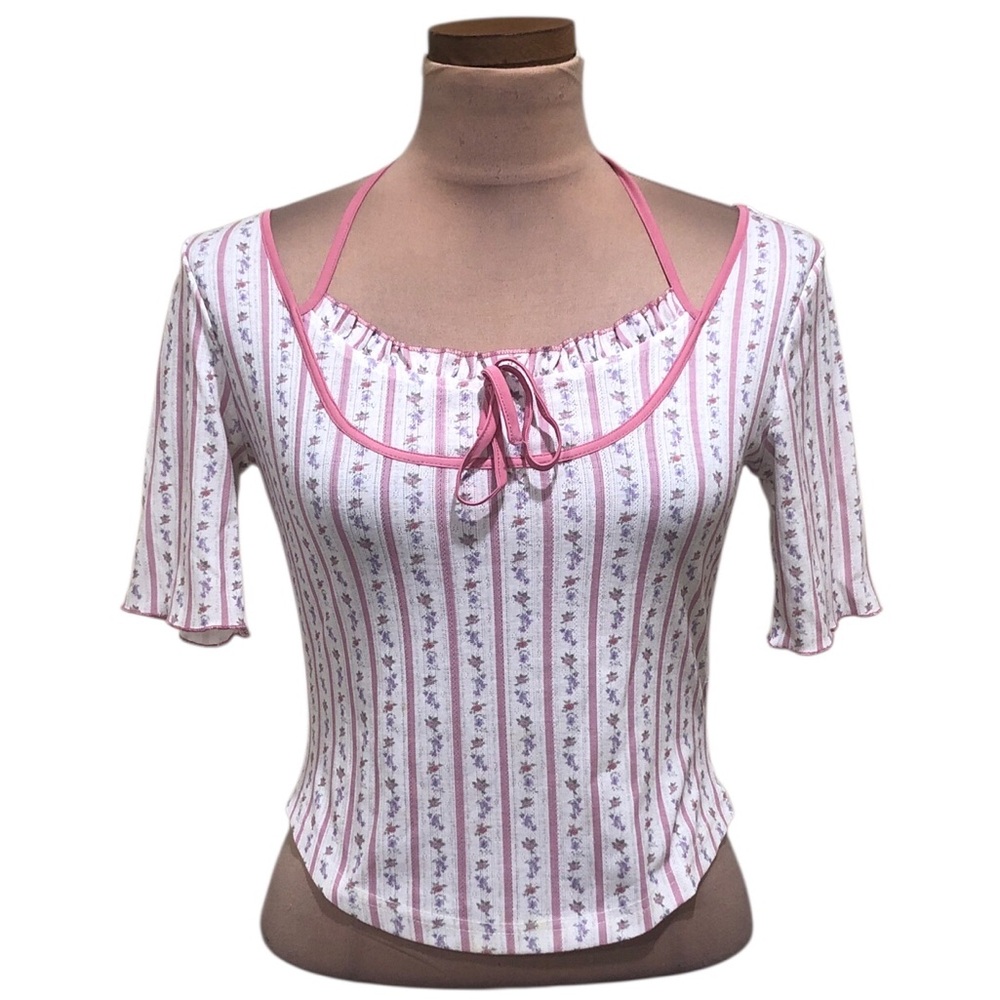 Simple Retro Nadia Top Size Small White Pink Floral Striped